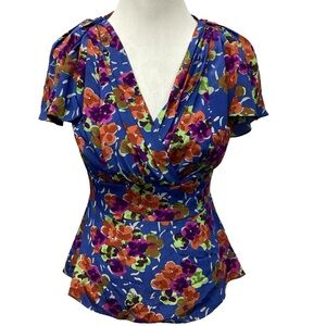 Anthropologie Girls From Savoy Blue Floral Silk Blouse Misses size 4